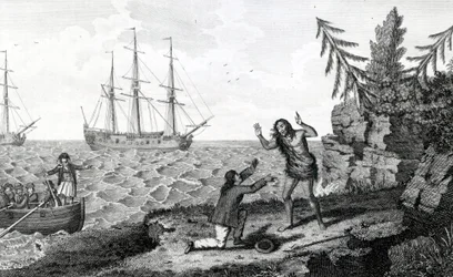 Ergreifendes Treffen von zwei Mokito-Männern, Illustration aus Moores Reisen und Reisen, 1778