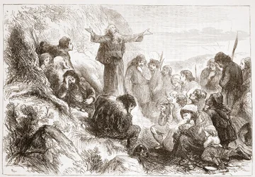 Albigenser Gläubige am Ufer der Rhone, Illustration aus Die Geschichte des Protestantismus von James Aitken Wylie, veröffentlicht 1878