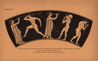 Antike griechische Erziehung: In der Palaistra, Flötenspieler, Speerwerfer, Diskuswerfer und Boxer (Lithografie)