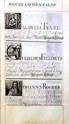 Seite mit drei Wohltätern des New College, Oxford; Halswell Tynte, Gulielmus Fellowes und Johannes Rogers, aus einem Benefizbuch