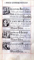 Seite mit vier Wohltätern des New College, Oxford; Joannes Rolle, Gulielmus Fitch, Thomas Hobbs Weeks und Johannes Bassett, aus einem Benefizbuch
