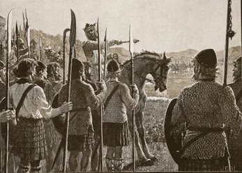 Bannockburn: Bruce inspiziert seine Truppen vor der Schlacht, Illustration aus Cassells Illustrierter Geschichte Englands