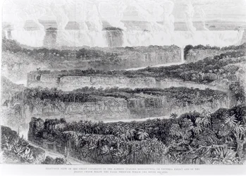 Vogelperspektive der Großen Katarakte des Sambesi (Victoriafälle) aus Narrative of an Exhibition to the Zambesi and its Tributaries, veröffentlicht 1865