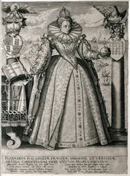 Buch-Frontispiz, das die glückliche und erfolgreiche Herrschaft von Königin Elisabeth I. feiert, 1596