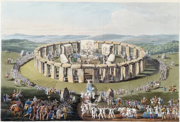Bretonisches Fest auf einem Megalithfeld (mit Dolmen und Menhiren) - in „Kelten und Goten, Bräuche der Bewohner der Britischen Inseln des frühen 6. Jahrhunderts und der gotischen Nationen an der Westküste der Ostsee“, von S. R. Meyrick und Ch. Smith