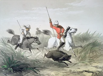 Britische Armeeoffiziere jagen Wildschweine in Indien