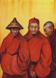 Buddhistische Mönche mit Hüten (Farblithographie)