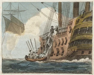 Buonaparte ergibt sich den Engländern (farbige Gravur)