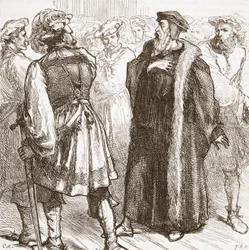 Calvin vor seinen Feinden im Rat, Illustration aus Die Geschichte des Protestantismus von James Aitken Wylie, veröffentlicht 1878