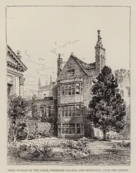 Cambridge: Oriel-Fenster der Lodge, Pembroke College, jetzt zerstört, vom Garten aus