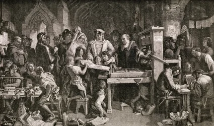 Caxton (ca. 1422-91) zeigt König Edward IV. Druckproben in der Almonry in Westminster, 1858