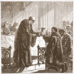 Feier des Abendmahls in protestantischer Form durch die Zürcher, Illustration aus Die Geschichte des Protestantismus von James Aitken Wylie, veröffentlicht 1878