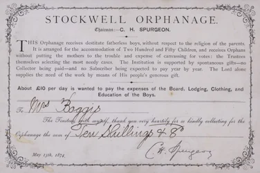 Dankesurkunde für eine Spende an das Stockwell Waisenhaus, London, 1874