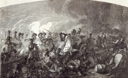 Angriff der schweren Brigade von Lord Somerset bei Waterloo und totale Niederlage der französischen Armee, Illustration aus 