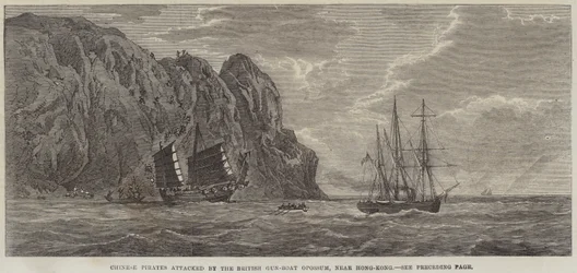 Chinesische Piraten von der britischen Kanonenboot Opossum in der Nähe von Hongkong angegriffen (Stich)