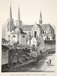 Kirche von Roeskilde und Grabhaus der Könige von Dänemark, aus Ein Gedenkbuch zur Hochzeit von Edward VII. und Alexandra von Dänemark, veröffentlicht 1864 (Holzstich)