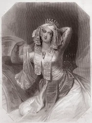 Cleopatra (Antonius und Cleopatra) in - „Galerie des femmes de Shakespeare, Sammlung von fünfundvierzig ernsten Porträts der frühen Londoner Künstler, bereichert mit kritischen und literarischen Hinweisen“ um 1838 - aus „Gallery of the women of Shakespeare