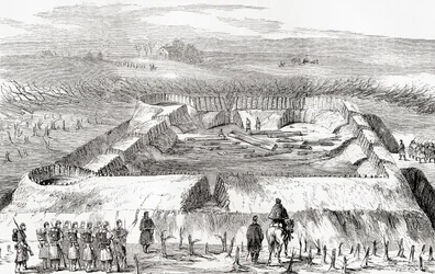 Konföderierte Befestigungen nördlich des Manassas Junction, aus Ward und Locks Illustrierter Weltgeschichte, veröffentlicht ca. 1882