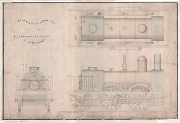 Konstruktionszeichnung, 0-4-2 Lokomotive und Tender von R. und W. Hawthorn and Co. für die Stanhope and Tyne Railway Co