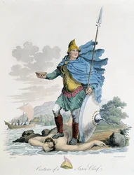 Tracht eines sächsischen Anführers - in „Kelten und Goten, Sitten der Bewohner der Britischen Inseln des frühen 6. Jahrhunderts und der gotischen Völker an der Westküste der Ostsee“ von S. R. Meyrick und Ch. Smith