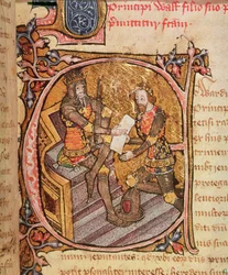 Cotton Nero D VI fol. 31, Eduard III. überträgt dem Schwarzen Prinzen das Fürstentum Aquitanien