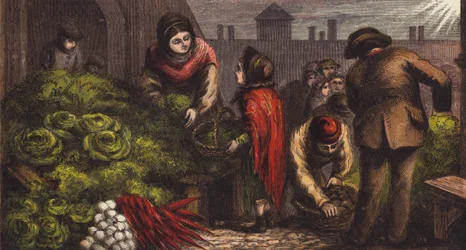 Gemüsemarkt in Covent Garden (Farblithographie)