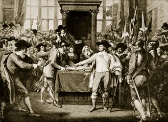 Cromwell löst das Lange Parlament auf, 1653, Illustration aus Hutchinsons Geschichte der britischen Nation, ca. 1923