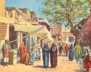 Damaskus, eine typische Straße (Farblithographie)