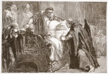 Tod von Friedrich dem Weisen, Kurfürst von Sachsen, Illustration aus Die Geschichte des Protestantismus von James Aitken Wylie, veröffentlicht 1878