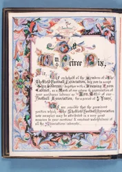 Widmung aus einer Ansprache, die von der Sheffield Football Association an William Pierce-Dix anlässlich seines Ruhestands als Sekretär überreicht wurde, 1882 (Tinte auf Papier)