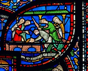 Detail aus dem Wunderfenster, das die Geschichte von Richard Sunieve darstellt