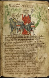 Edward II. sitzt auf einem Thron, mit Zepter in der linken Hand und berührt seine Krone mit der rechten Hand. Eine kleine Figur (möglicherweise eine Personifikation von Wales) bietet ihm eine weitere Krone an (wahrscheinlich die Krone von Schottland). Es w