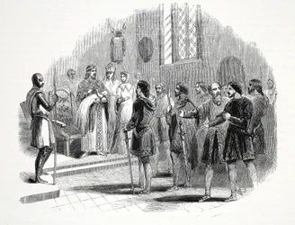 Edward der Erste präsentiert den walisischen Häuptlingen einen unter ihnen geborenen Prinzen in Rhuddlan Castle