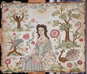 Besticktes Paneel, das eine Dame in einem Garten darstellt, ca. 1700 (Seide)