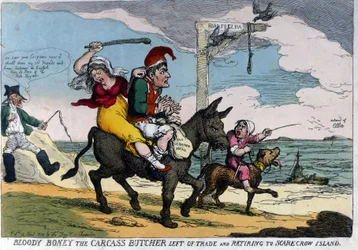 Englische Karikatur über das Exil von Kaiser Napoleon I. zeigt ihn auf einem Esel auf dem Weg zur Insel Elba. 04/1814.