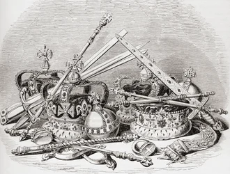 Englische Insignien, aus Old England: A Pictorial Museum, veröffentlicht 1847