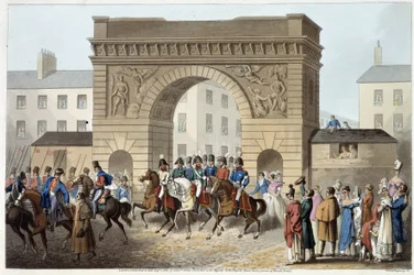 Engländer und Verbündete zogen in Paris ein in "Historical, military and naval anecdotes and incidents that arrived at the arms of Great Britain and their allies, ending in Waterloo" von Edward Orme. Illustriert von Fry, Sutherland, Clark, Dubourg, W.Heart
