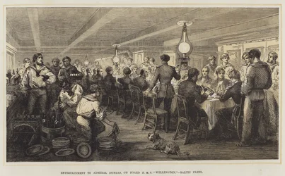 Unterhaltung für Admiral Dundas an Bord der HMS "Wellington," Baltische Flotte (Farblithografie)