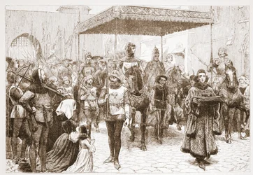 Einzug von Papst Johannes in Konstanz, Illustration aus Die Geschichte des Protestantismus von James Aitken Wylie, veröffentlicht 1878