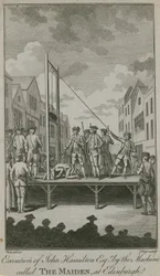 Hinrichtung von John Hamilton Esq durch die Maschine namens The Maiden (Gravur)