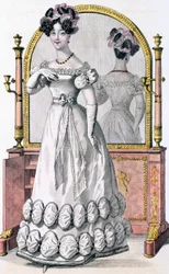 Modeplatte einer Dame im Abendkleid, Werbung aus 