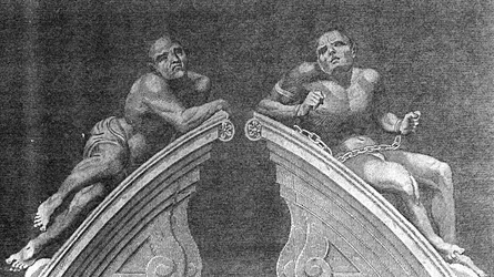 Figuren über dem Tor des Bethlehem Hospital, graviert von A. Birrell für Lamberts Geschichte Londons, 1805
