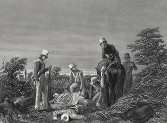 Auffinden der Farben des 24. Regiments nach der Schlacht von Chillianwallah, um 1850 (Gravur)