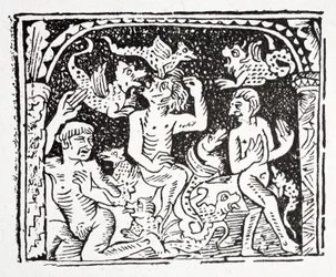 Viertes: Lazarus beschreibt, was er in der Hölle gesehen hat - ein schrecklicher Korb mit Schlangen, die Körper beißen und angreifen