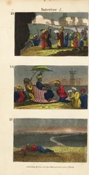 Frederick Horneman liest den Koran den Berbern der Siwa-Oase vor, eine Karawane begrüßt den Sultan von Fezzan und ein Reisender bleibt in der Wüste zurück