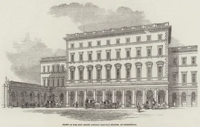 Front des neuen Grand Central Bahnhofs, in Birmingham (Gravur)