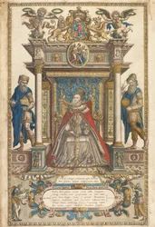 Frontispiz des Atlas der Länder von England und Wales von Christopher Saxon, London 1579