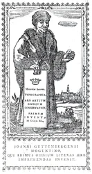 Frontispiz von Johannes Gutenberg aus A Concise History of the Origin and Progress of Printing von Philip Luckombe, veröffentlicht 1770
