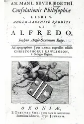 Frontispiz zu Christopher Rawlinsons Übersetzung von Alfred des Großen Ausgabe von Boethius De Consolationis Philosophiae, 1698