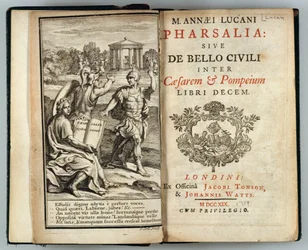 Frontispiz zu Pharsalia oder Der Bürgerkrieg zwischen Caesar und Pompeius von Marcus Annaeus Lucan, graviert von J. Cole, 1719
